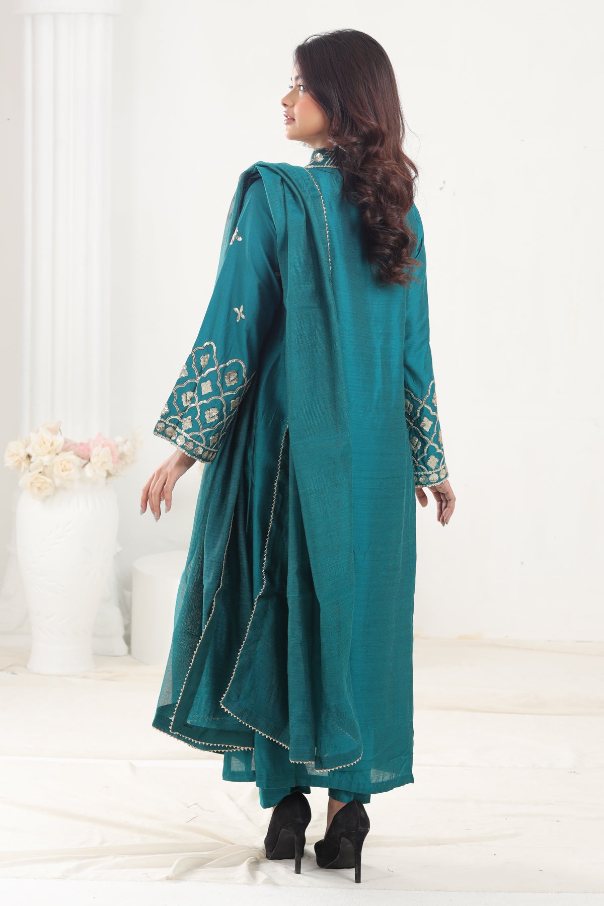 Cotton Silk Sea Green 3 Piece Stitched Suit - Stonez