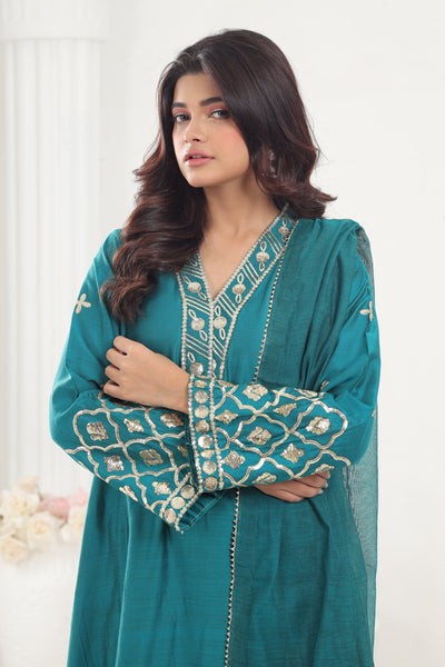 Cotton Silk Sea Green 3 Piece Stitched Suit - Stonez