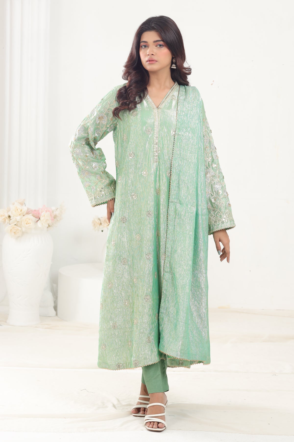 Cotton Silk Green 3 Piece Stitched Suit - Stonez