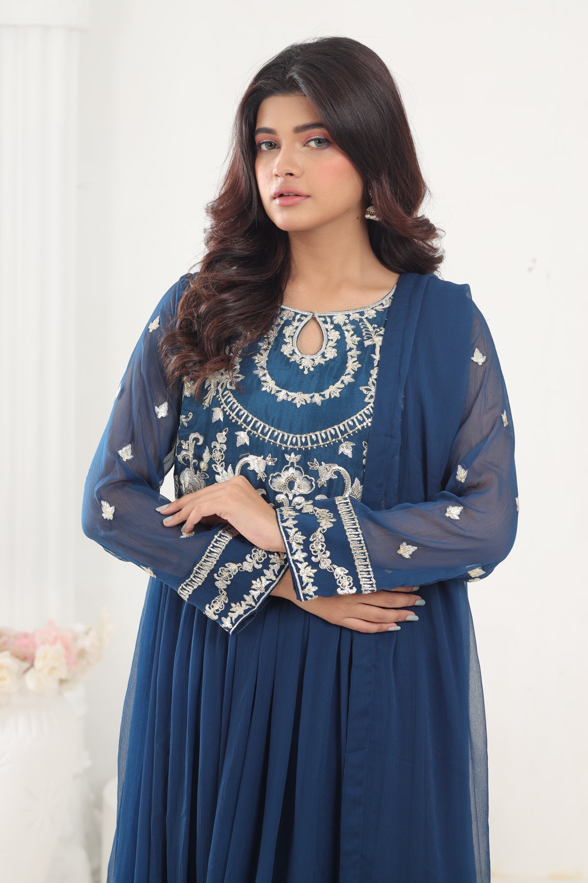 Chiffon Peacock Blue 3 Piece Stitched Suit - Stonez