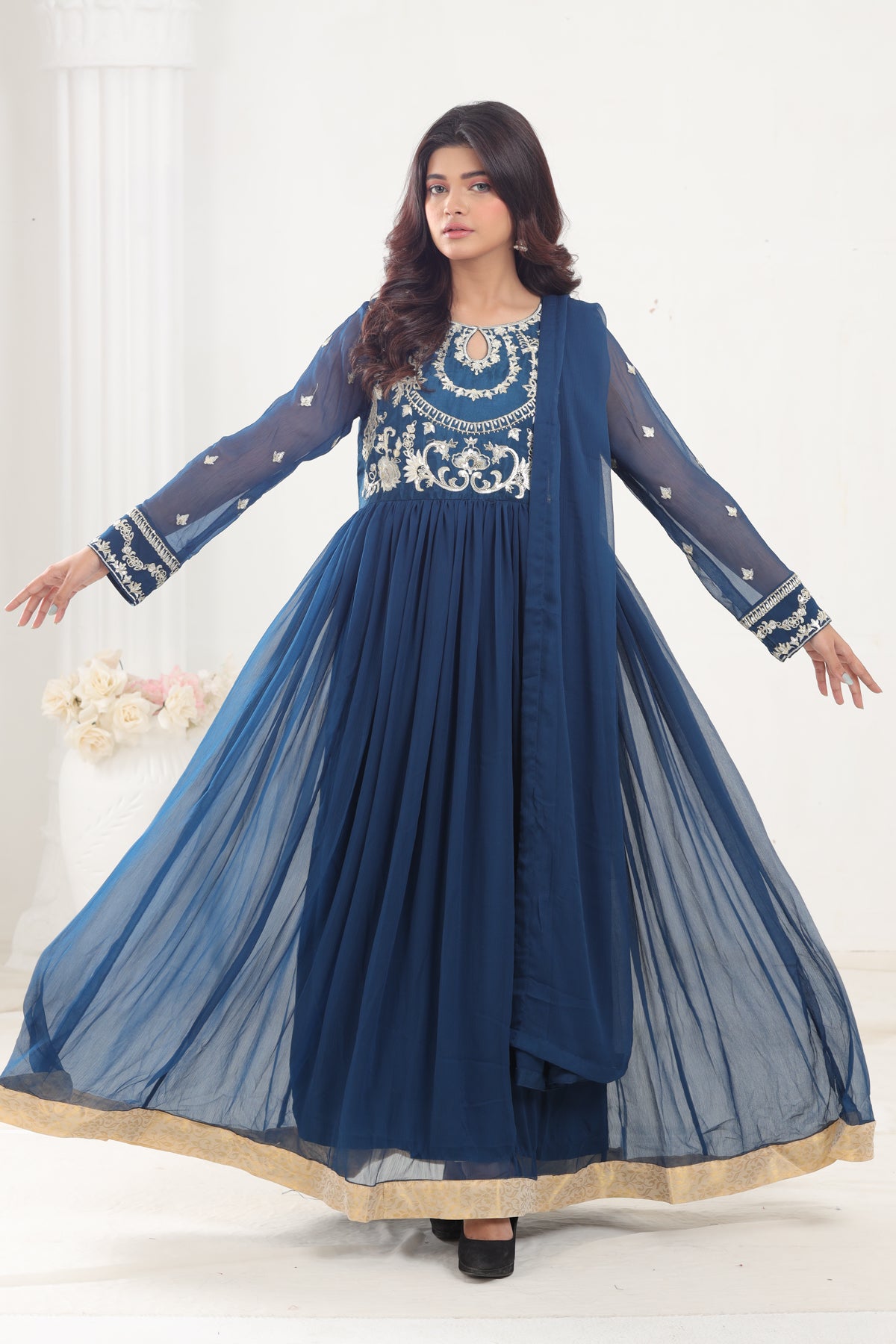 Chiffon Peacock Blue 3 Piece Stitched Suit - Stonez