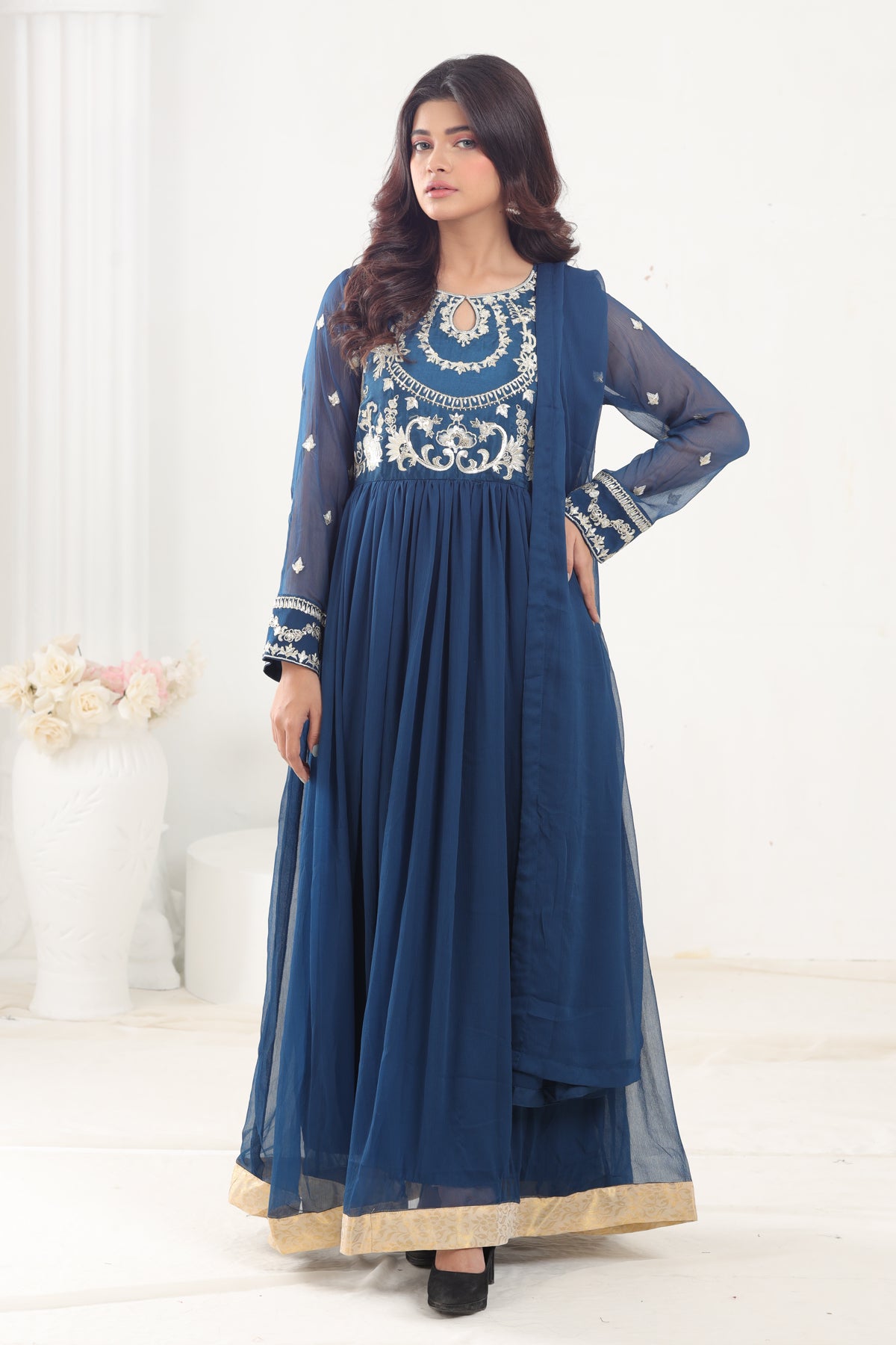 Chiffon Peacock Blue 3 Piece Stitched Suit - Stonez