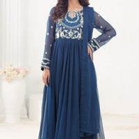 Chiffon Peacock Blue 3 Piece Stitched Suit - Stonez