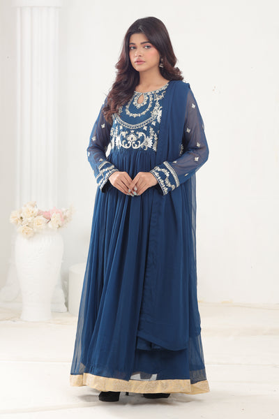 Chiffon Peacock Blue 3 Piece Stitched Suit - Stonez