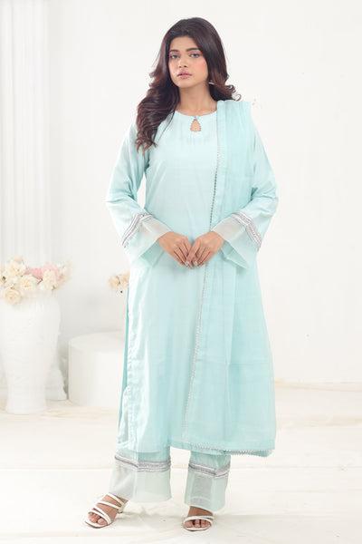 Cotton Silk Mint 3 Piece Stitched Suit - Stonez