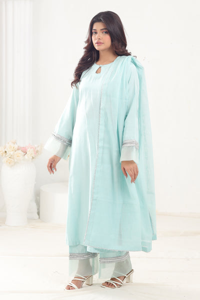 Cotton Silk Mint 3 Piece Stitched Suit - Stonez