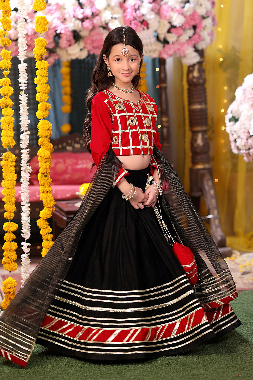 Gotta Mirror Work Velvet Lehenga Choli Red & Black - Sana's