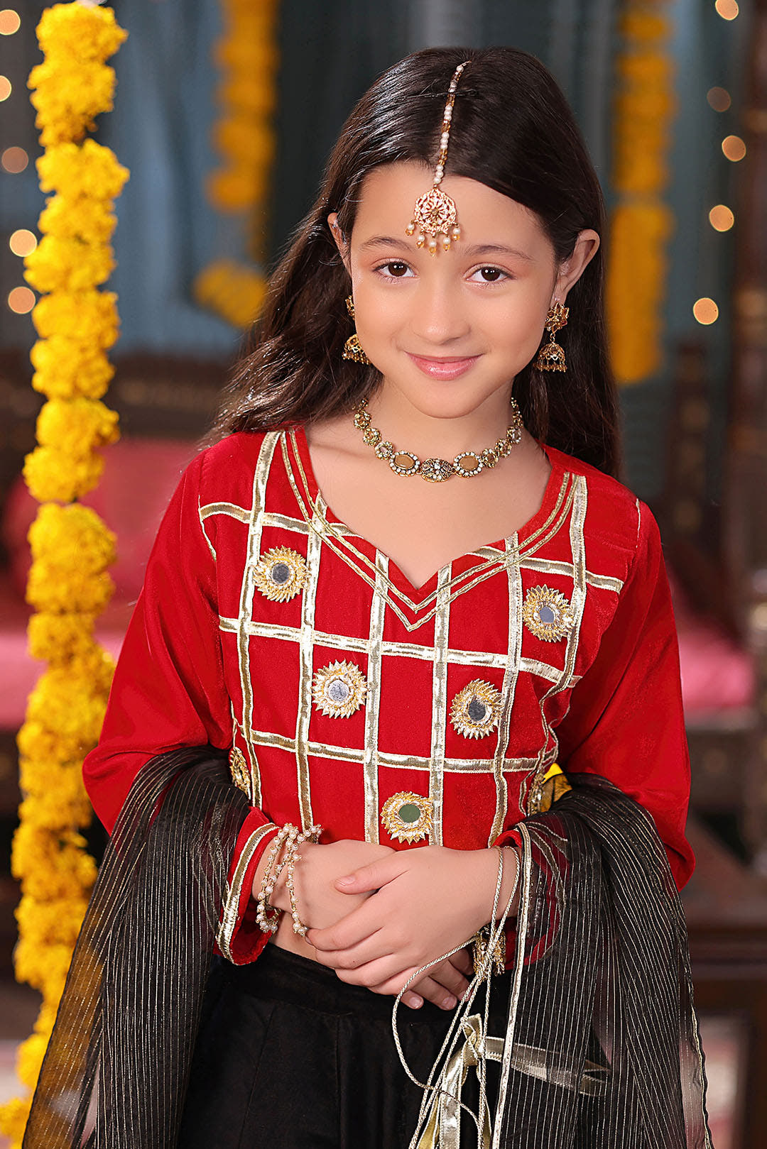 Gotta Mirror Work Velvet Lehenga Choli Red & Black - Sana's