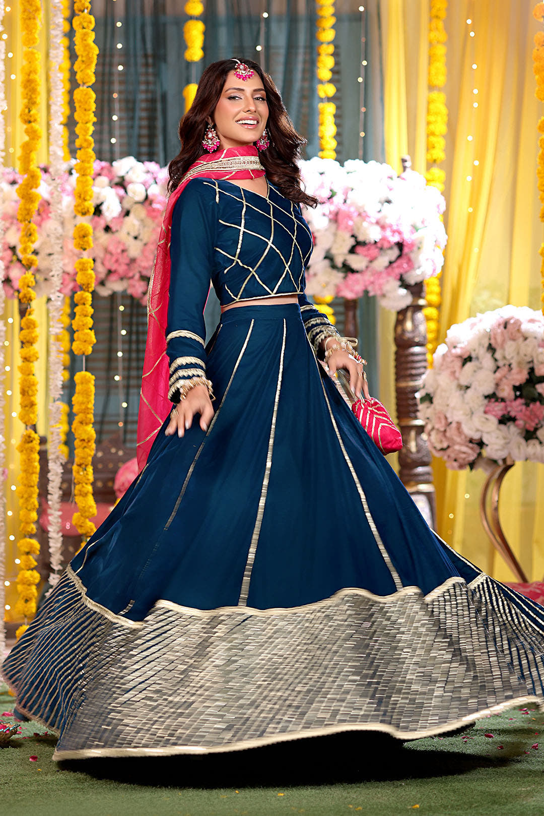 Gotta Work Velvet Lehenga Choli Zinc & Pink - Sana's