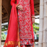 Strip Organza Red Stitched Suit - Almirah