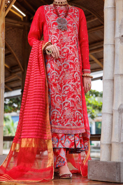 Strip Organza Red Stitched Suit - Almirah