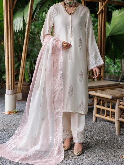 Mapple Silk Off White Stitched Suit - Almirah