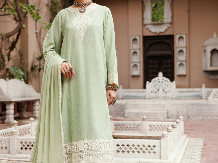 Cotton Dobby Light Green Stitched Suit - Almirah