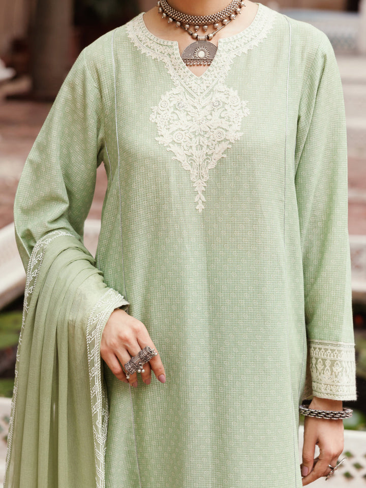 Cotton Dobby Light Green Stitched Suit - Almirah