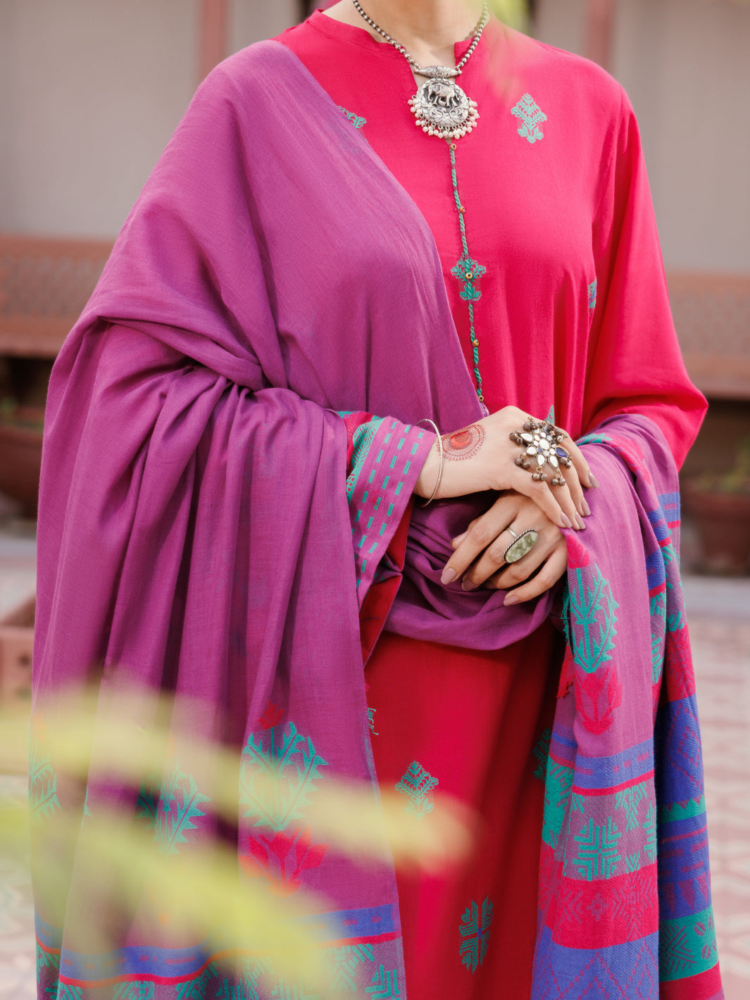 Yarn Dyed Fuchsia Stitched Suit - Almirah