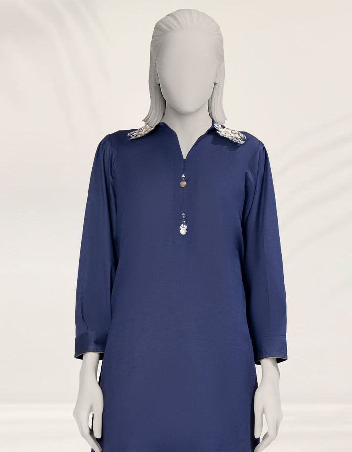 Textured Blue Stitched Suit - J. Junaid Jamshed