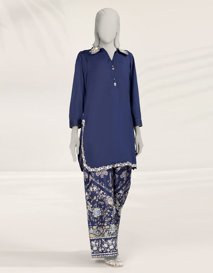 Textured Blue Stitched Suit - J. Junaid Jamshed