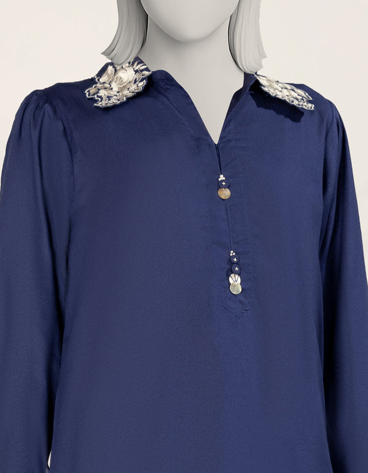 Textured Blue Stitched Suit - J. Junaid Jamshed