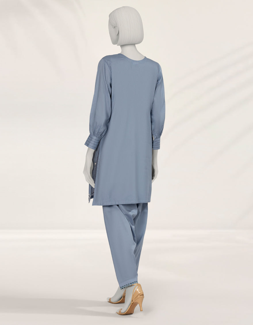 Textured Blue Stitched Suit - J. Junaid Jamshed