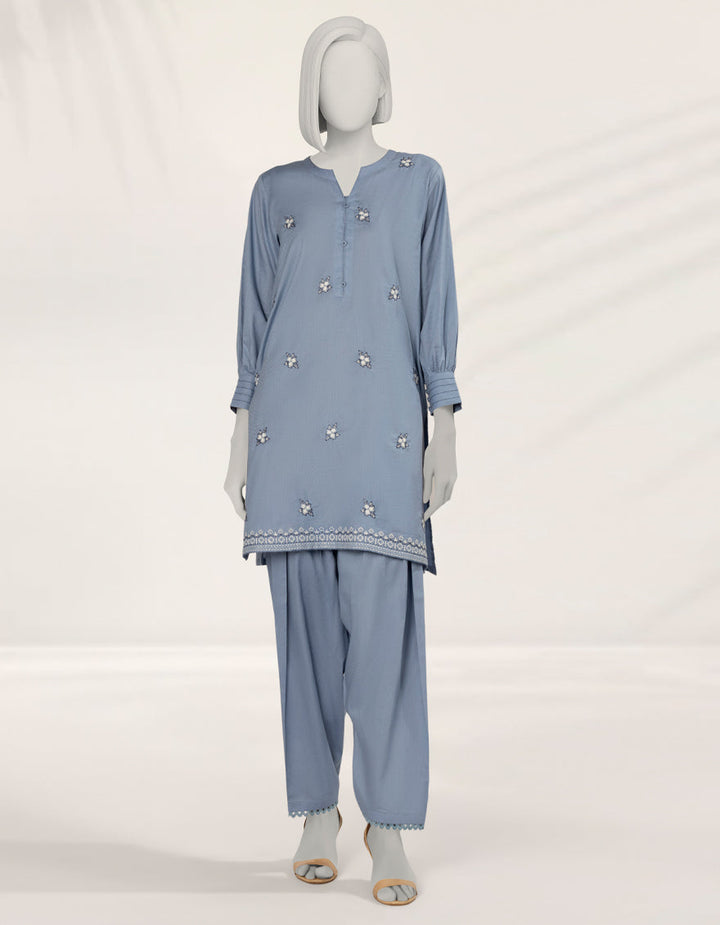Textured Blue Stitched Suit - J. Junaid Jamshed