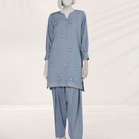 Textured Blue Stitched Suit - J. Junaid Jamshed