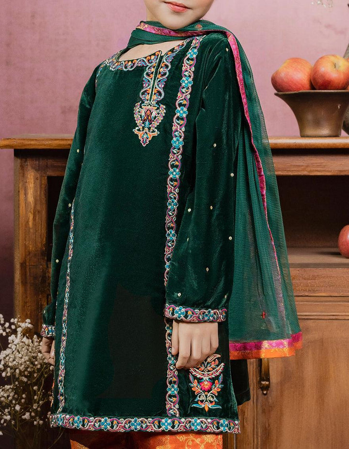 Polyester Green Kids Girls 3 Piece Suit - J. Junaid Jamshed