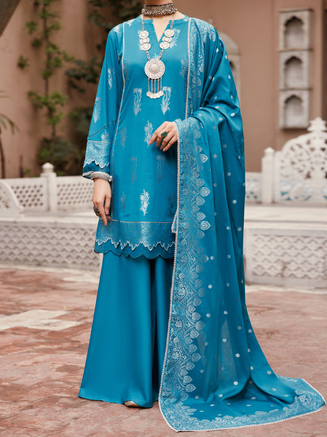 Viscose Jacquard Teal Unstitched Suit - Almirah