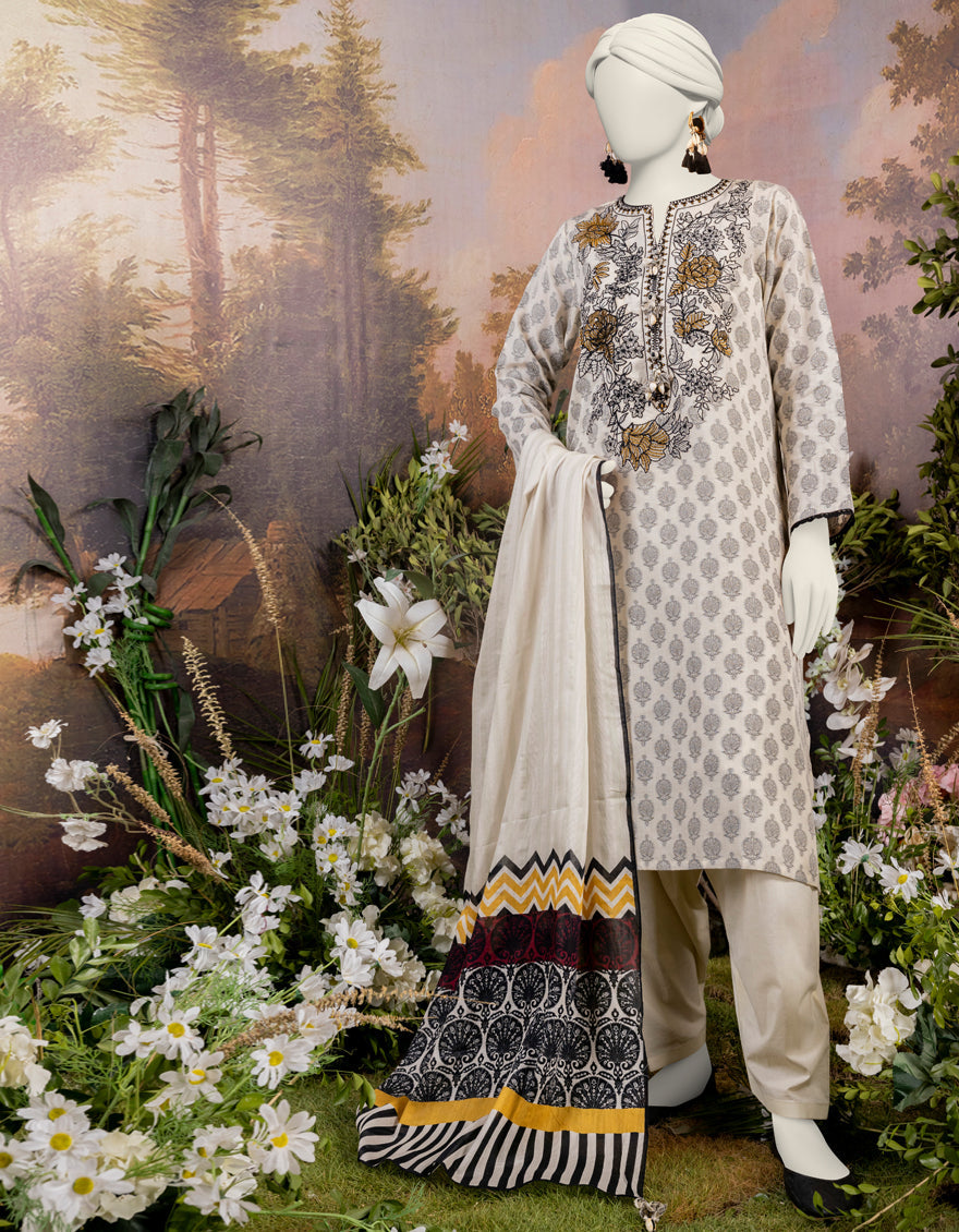 Jacquard Off White Stitched Suit - J. Junaid Jamshed