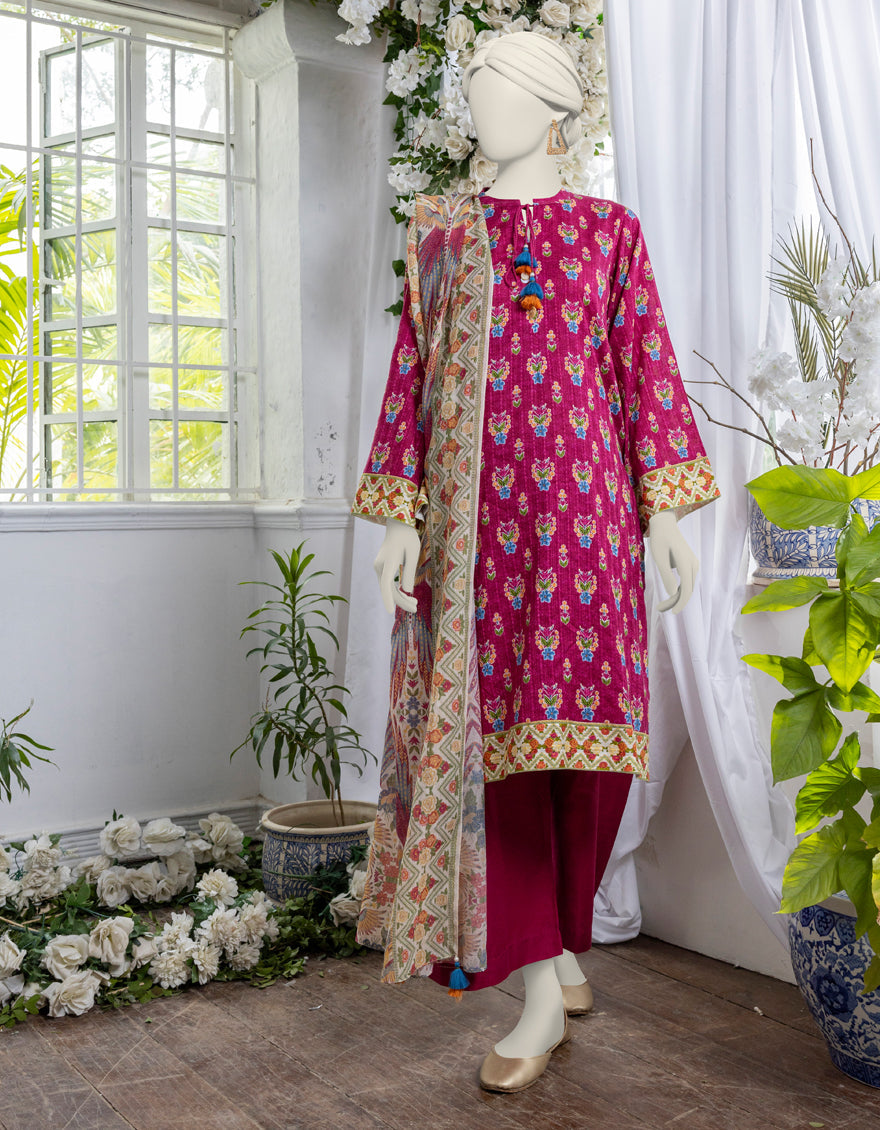 Printed Magenta Stitched Suit - J. Junaid Jamshed