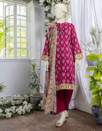 Printed Magenta Stitched Suit - J. Junaid Jamshed