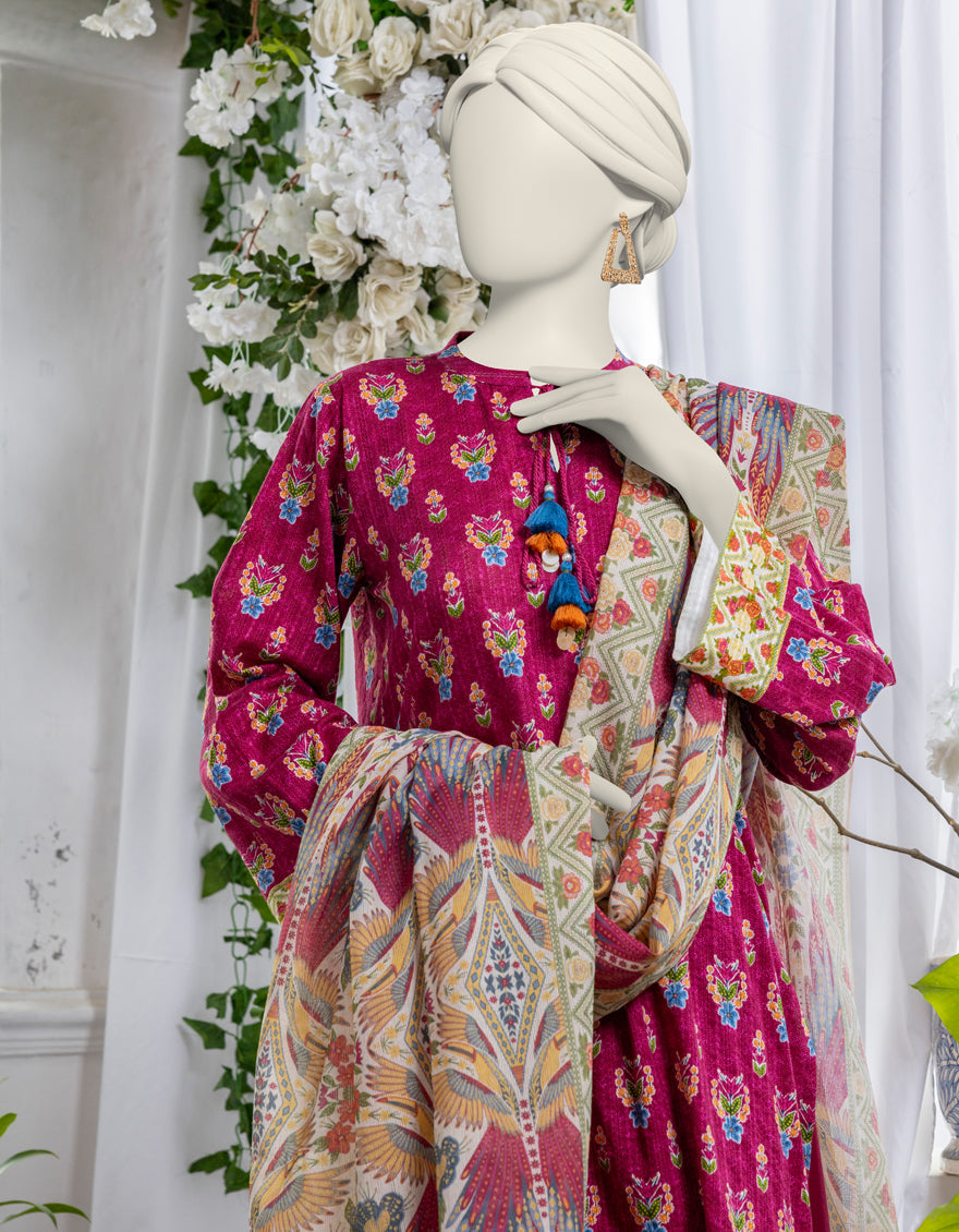 Printed Magenta Stitched Suit - J. Junaid Jamshed