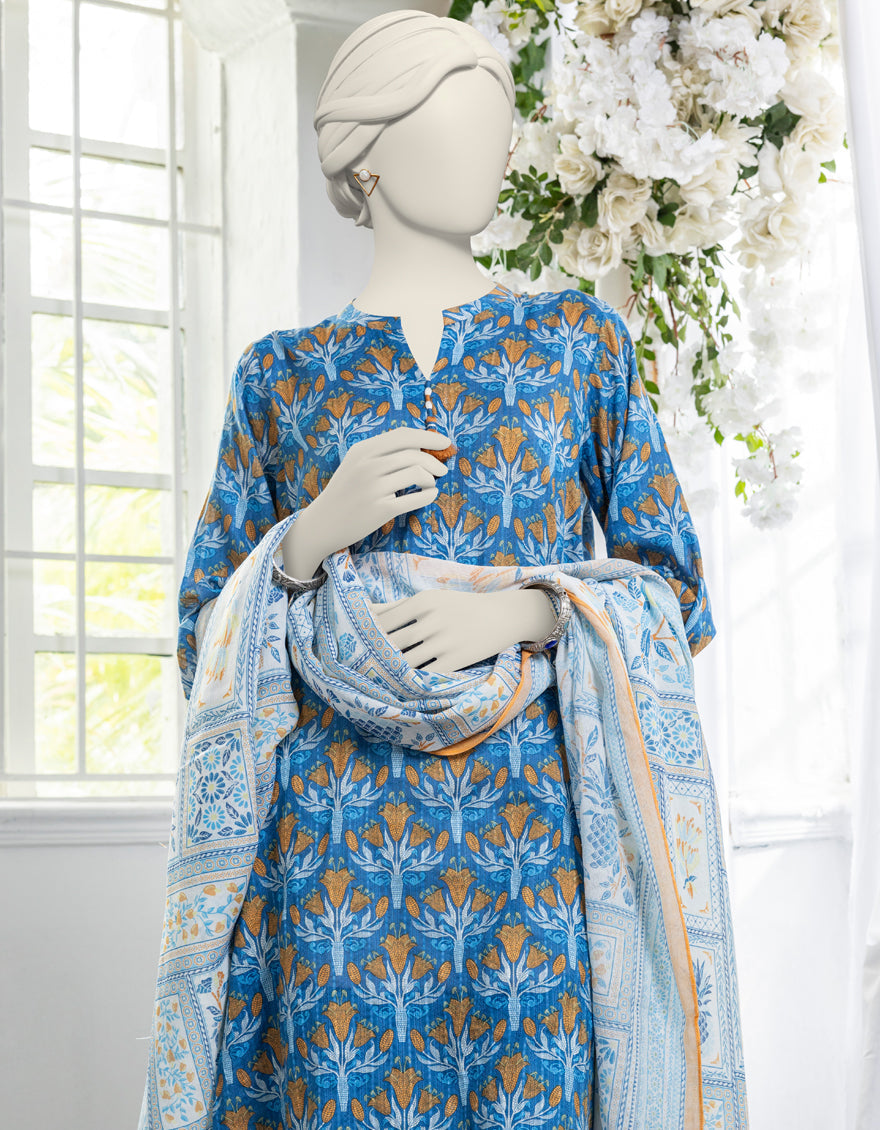 Printed Blue Stitched Suit - J. Junaid Jamshed