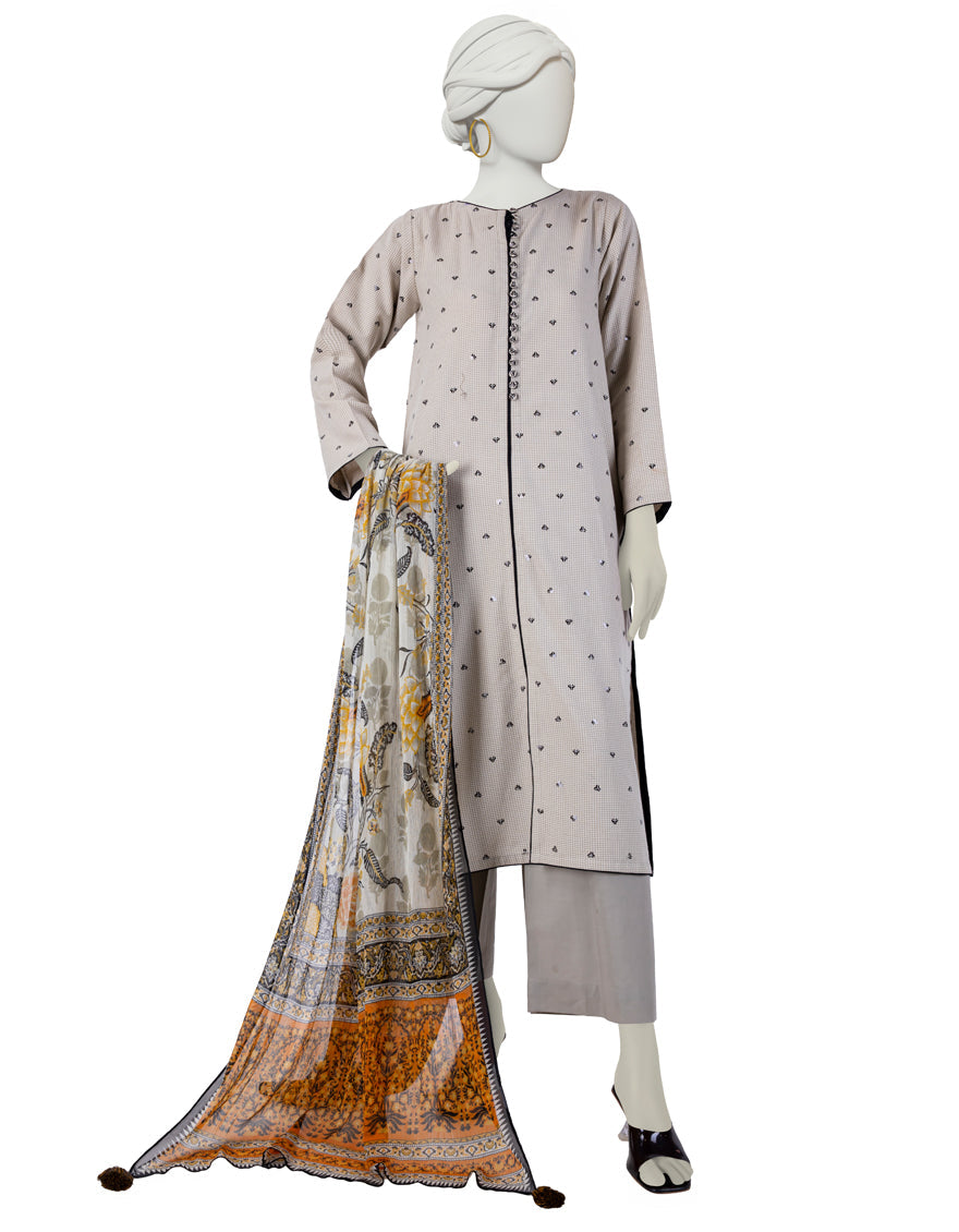 Dobby Beige Stitched Suit - J. Junaid Jamshed