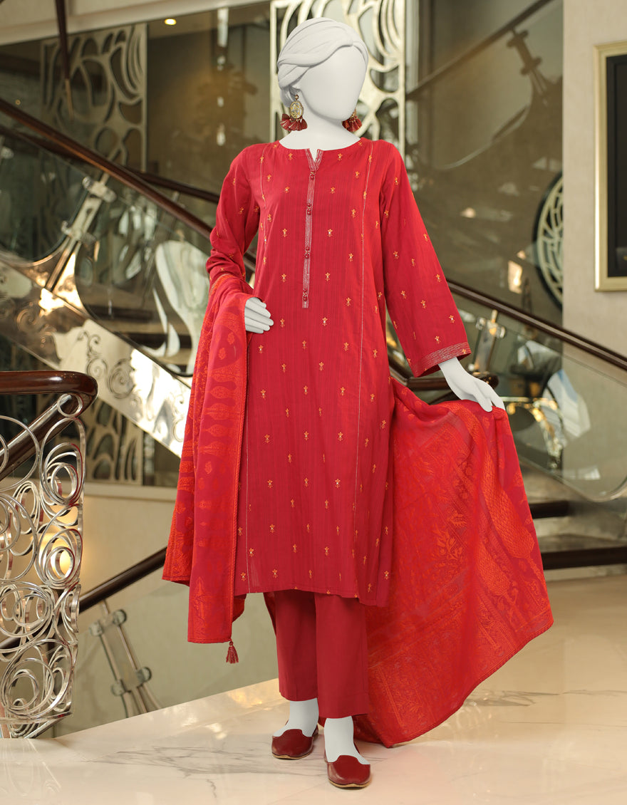 Dobby Red 3 Piece Unstitched Suit - J. Junaid Jamshed