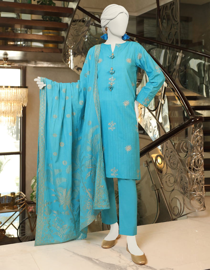 Dobby Blue 3 Piece Unstitched Suit - J. Junaid Jamshed