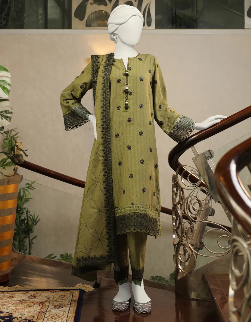 Textured Green 3 Piece Stitched Suit - J. Junaid Jamshed