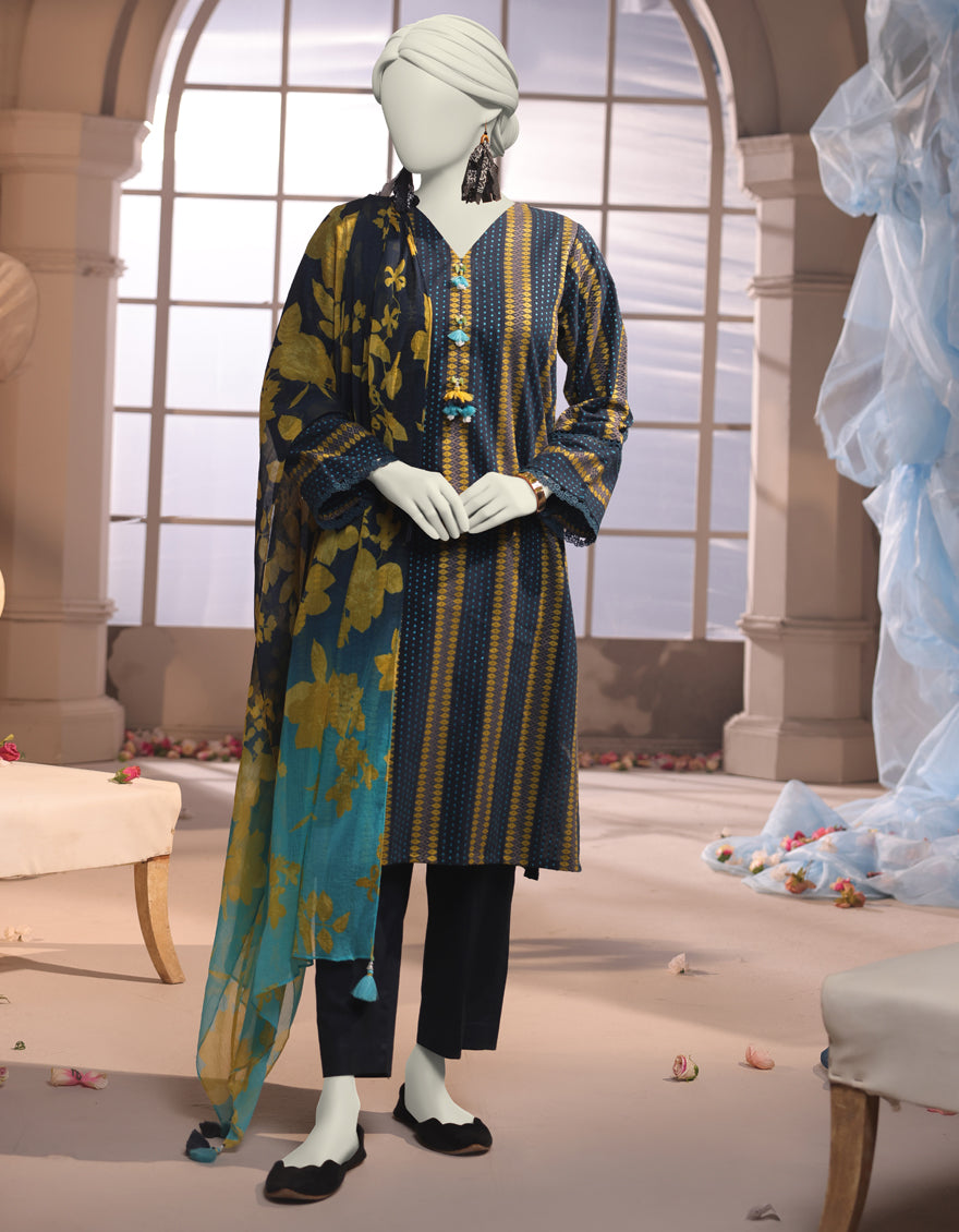 Jacquard Blue Unstitched Suit - J. Junaid Jamshed