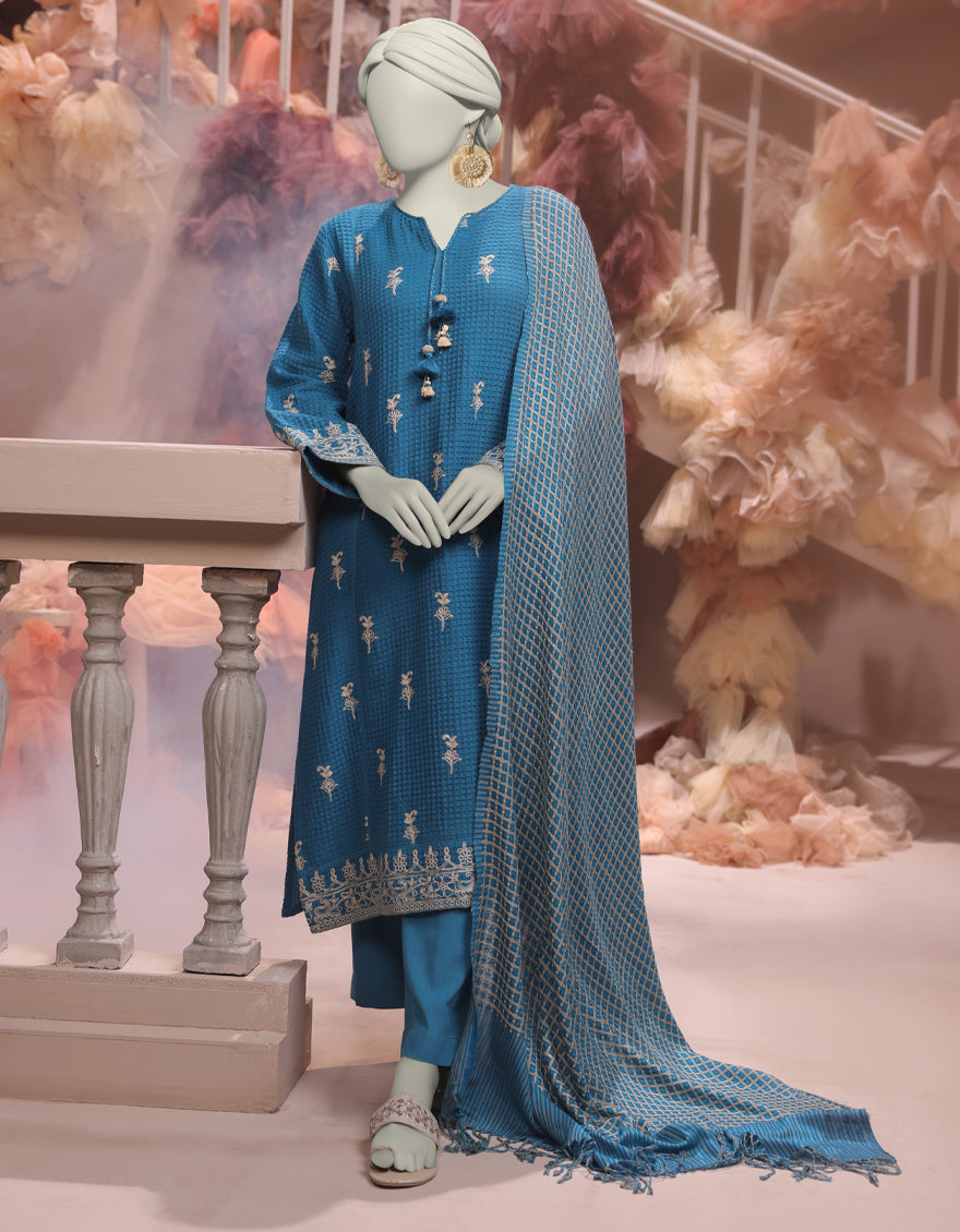 Jacquard Blue Unstitched Suit - J. Junaid Jamshed