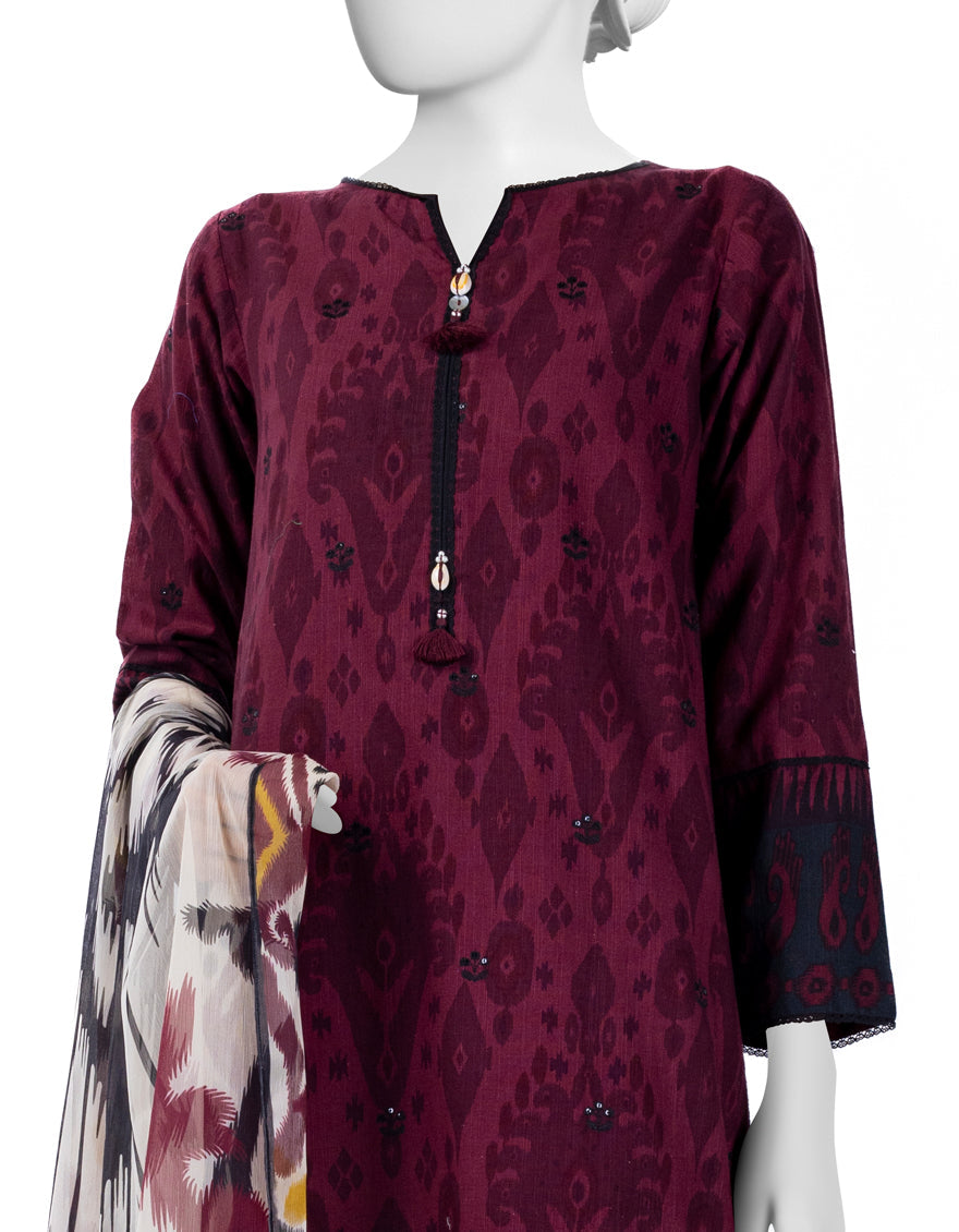 Khaddar Maroon Stitched Suit - J. Junaid Jamshed