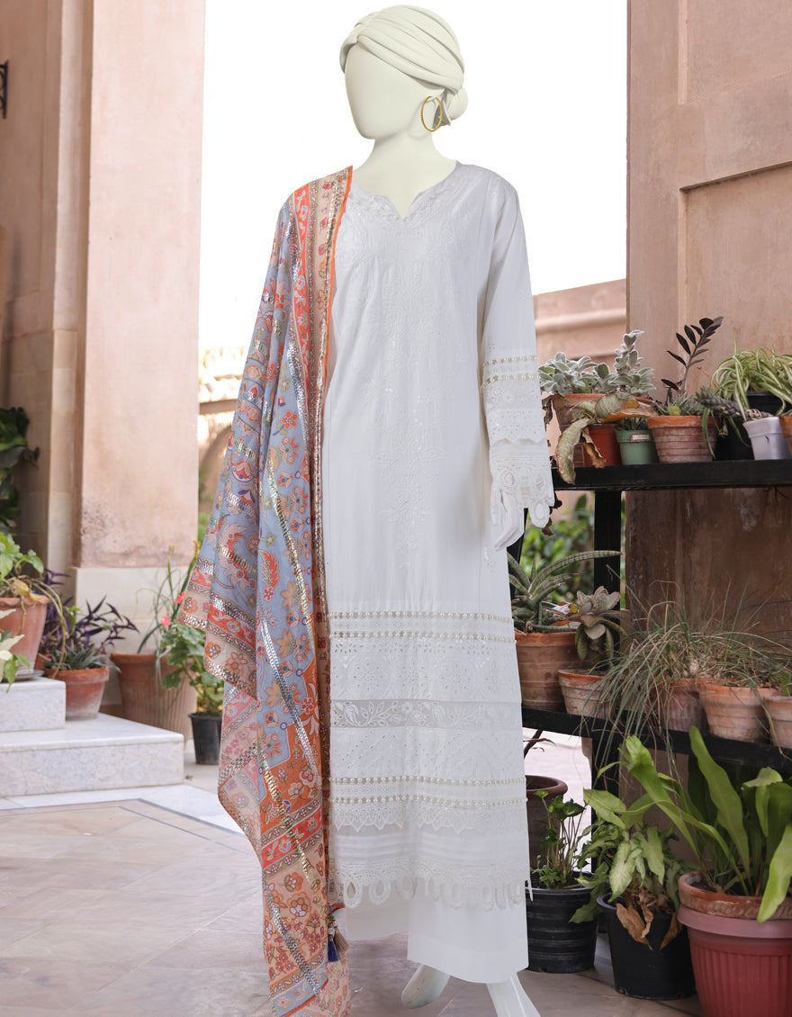 Lawn White Stitched Suit - J. Junaid Jamshed