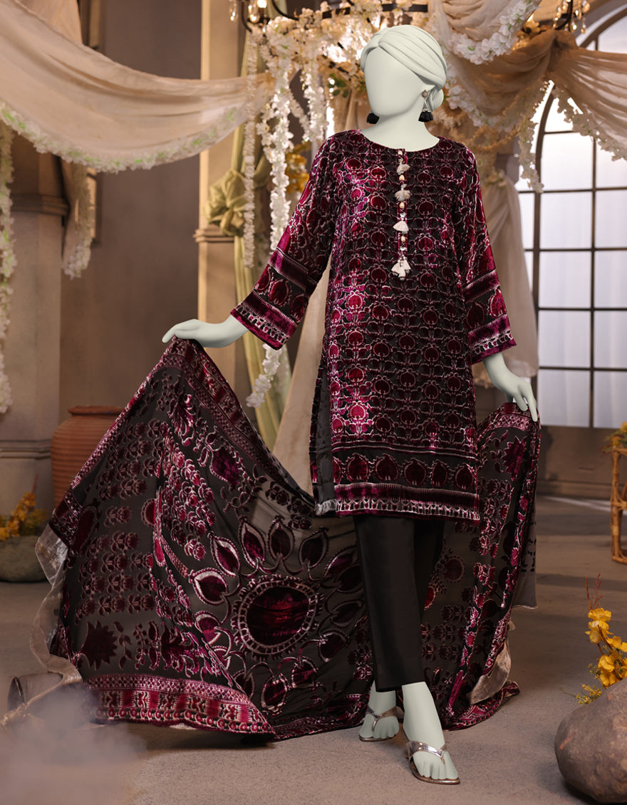 Polyester Magenta Unstitched Suit - J. Junaid Jamshed