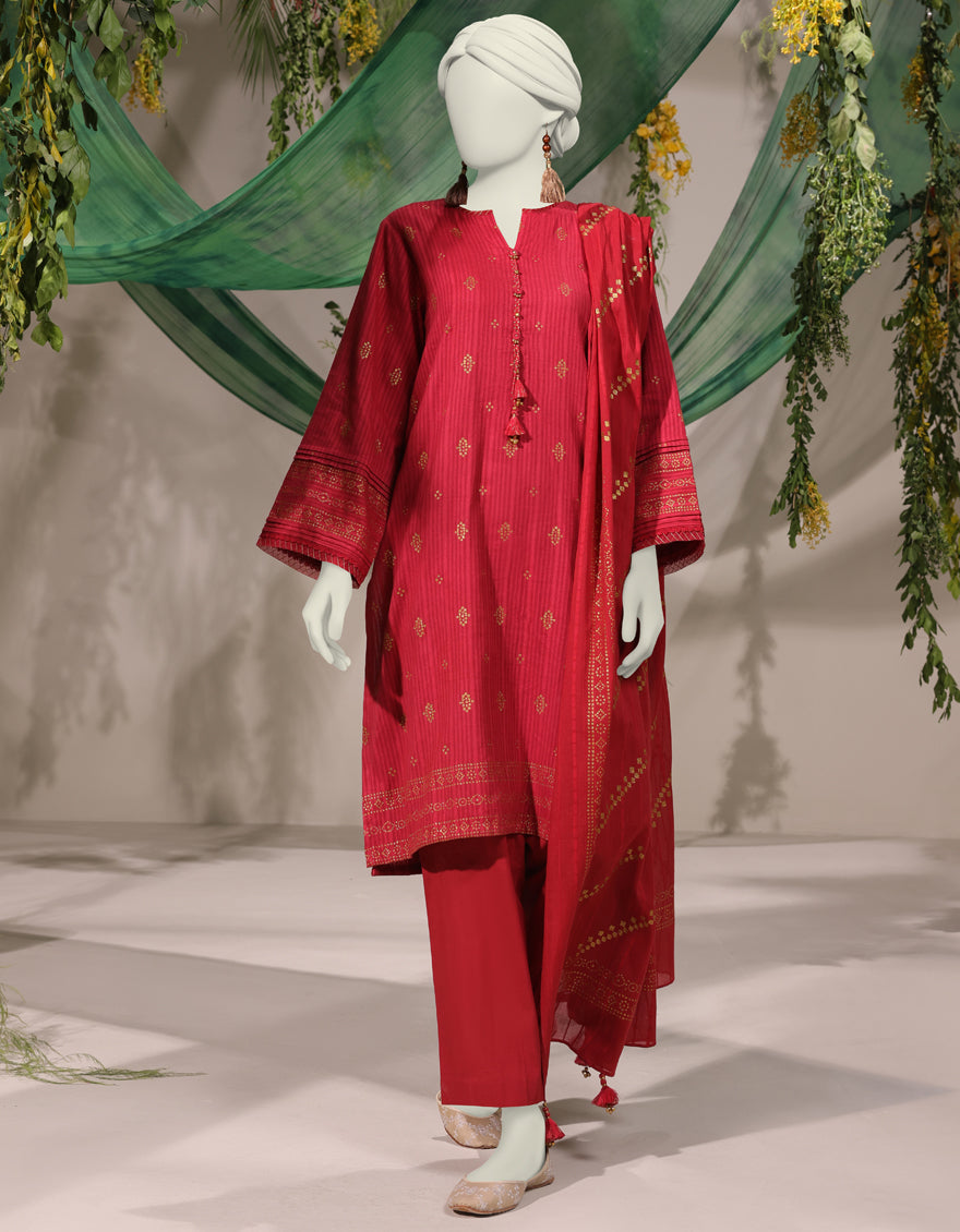 Jacquard Red Unstitched Suit - J. Junaid Jamshed