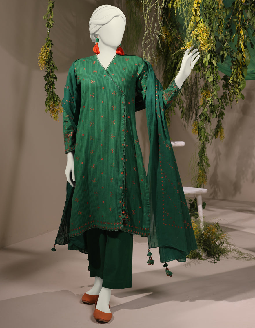 Jacquard Green Unstitched Suit - J. Junaid Jamshed