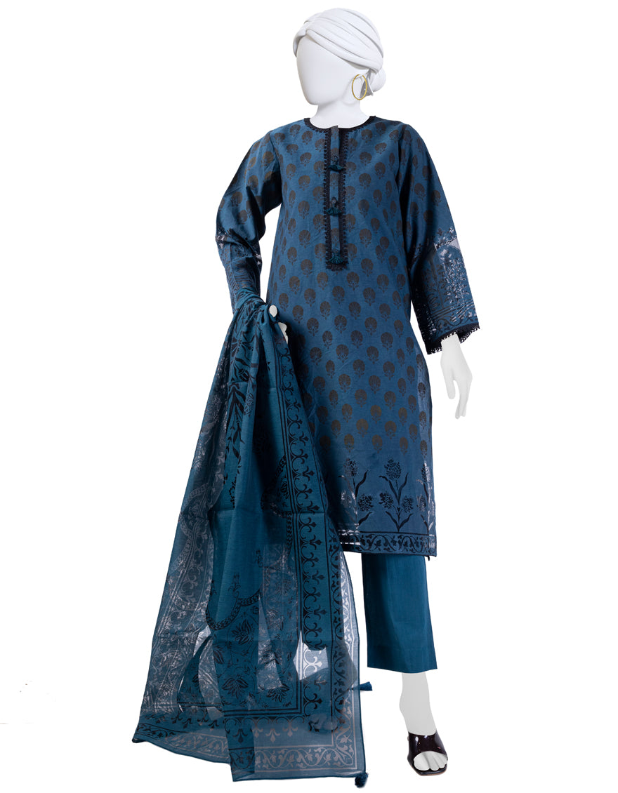 Cotton Blue 3 Piece Stitched Suit - J. Junaid Jamshed