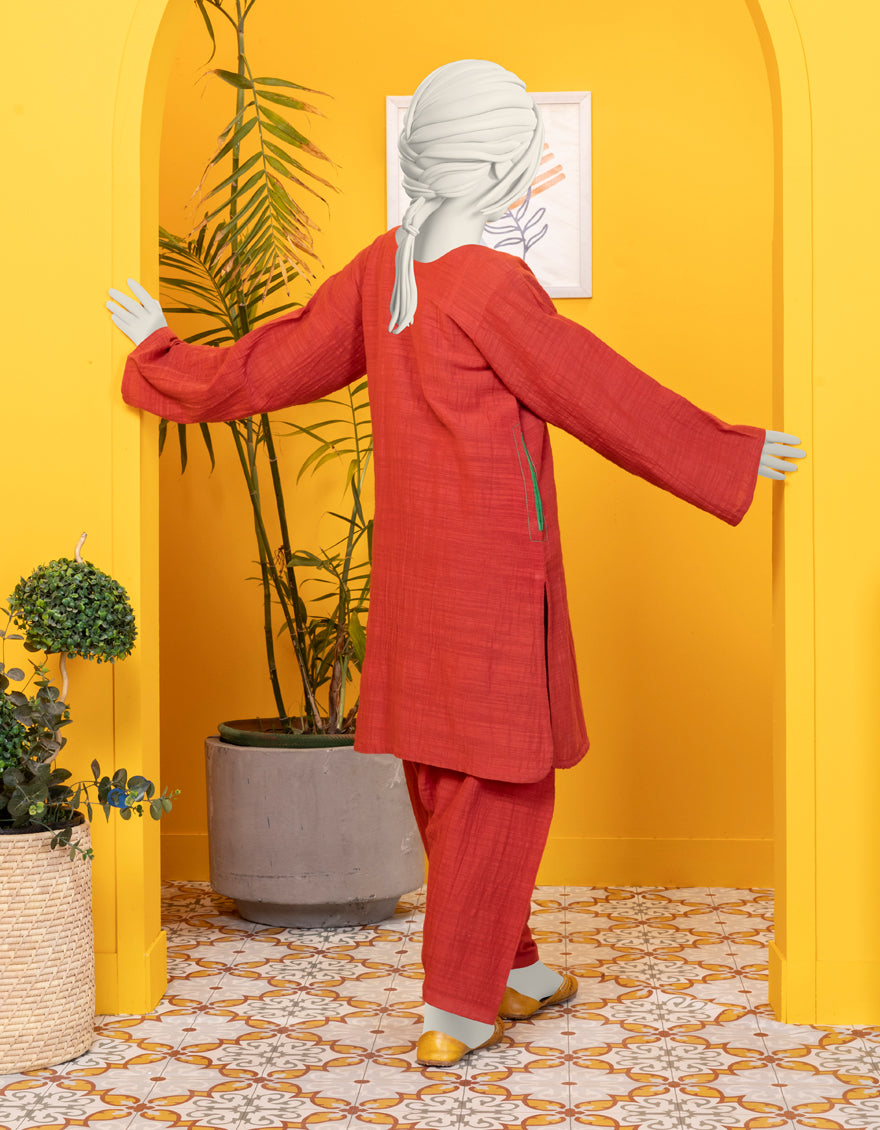 Khaddar Red Stitched Suit - J. Junaid Jamshed