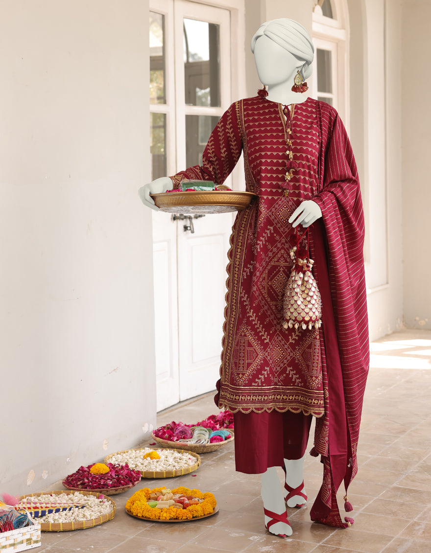 Cambric Red 3 Piece Stitched Suit - J. Junaid Jamshed