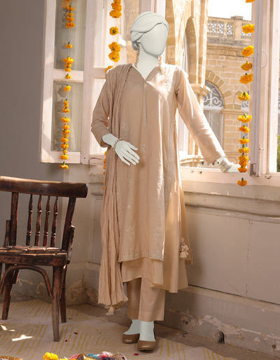 Lawn Beige 3 Piece Stitched Suit - J. Junaid Jamshed