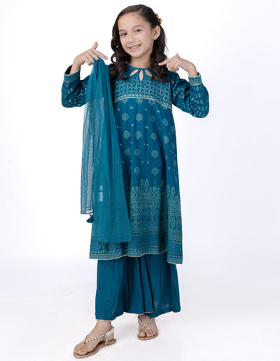 Jacquard Teal Stitched Suit - J. Junaid Jamshed