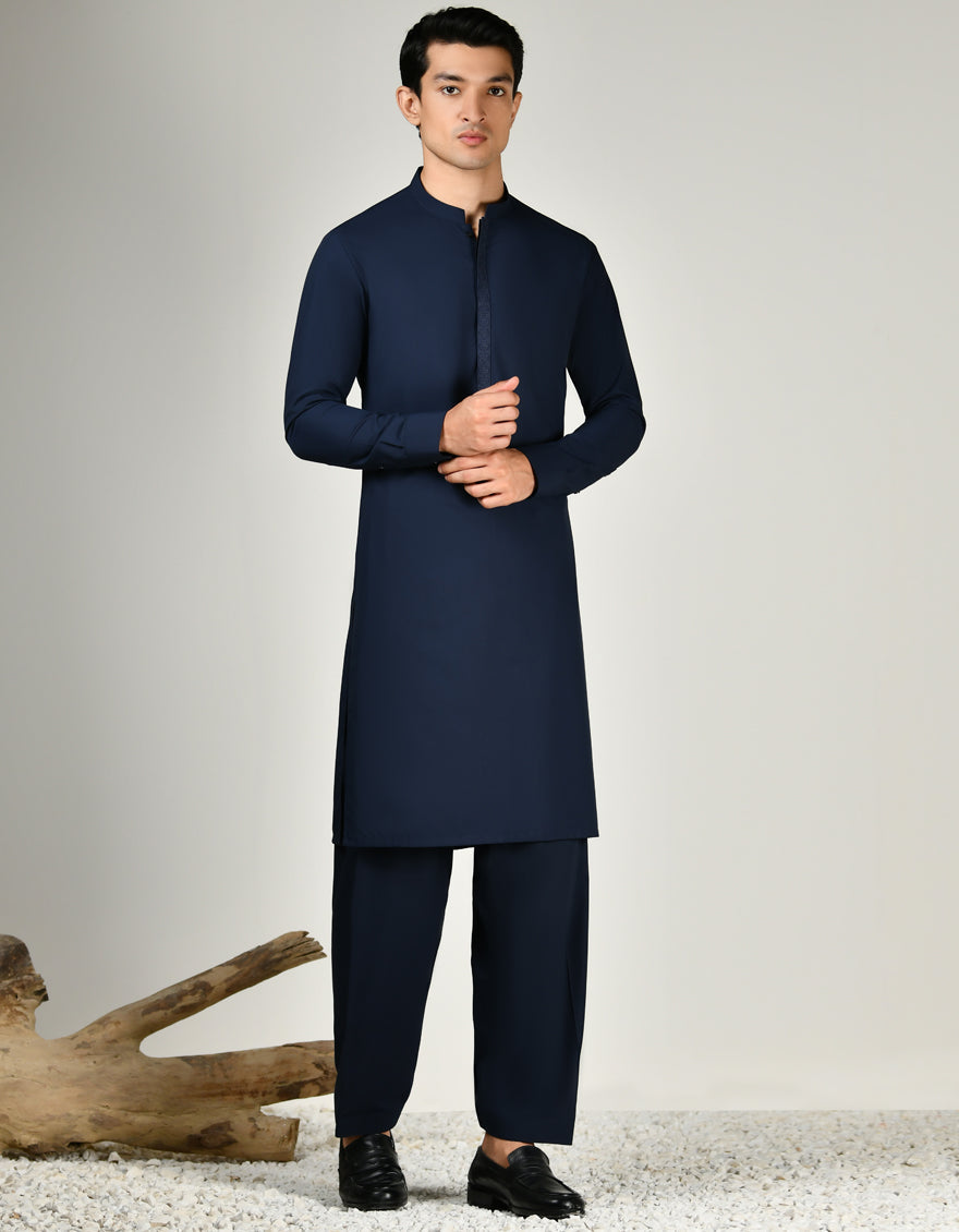 Blended Navy Blue Shalwar Kameez - J. Junaid Jamshed