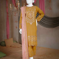 Raw Silk Mustard Stitched Suit - J. Junaid Jamshed